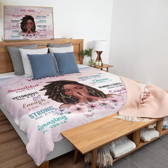 Kids Comforter Sets Queen Size, Prayer Girl and African American Girl Inspirational Quotes with Floral Butterfly, Teens Bedding Sets for Girls Women (Queen, Pink White) - LeafyLoom