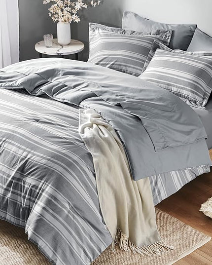 Full-size Bed in a Bag, Full Bedding Sets, Modern Farmhouse Grey and White Striped Comforter with Sheets, 7-Piece Complete Bedroom Set - LeafyLoom