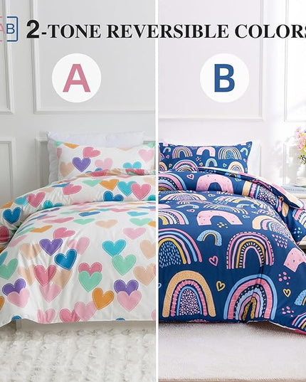 Btargot Lightweight Soft 3 Piece Rainbow Comforter Set with 2 Pillow Covers, Cartoon Love Hearts Suns and Stars Bedding Set for Girls Boys Kids, Queen Dark Blue - LeafyLoom