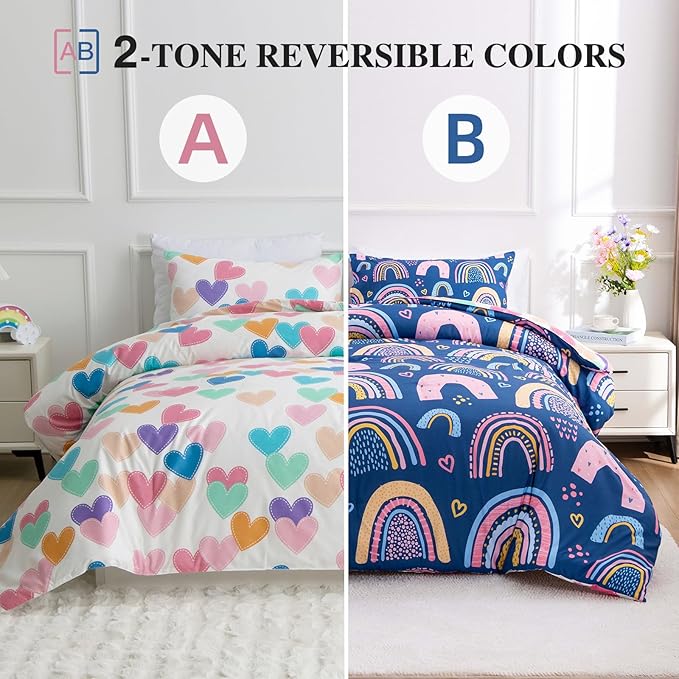 Btargot Lightweight Soft 3 Piece Rainbow Comforter Set with 2 Pillow Covers, Cartoon Love Hearts Suns and Stars Bedding Set for Girls Boys Kids, Queen Dark Blue - LeafyLoom