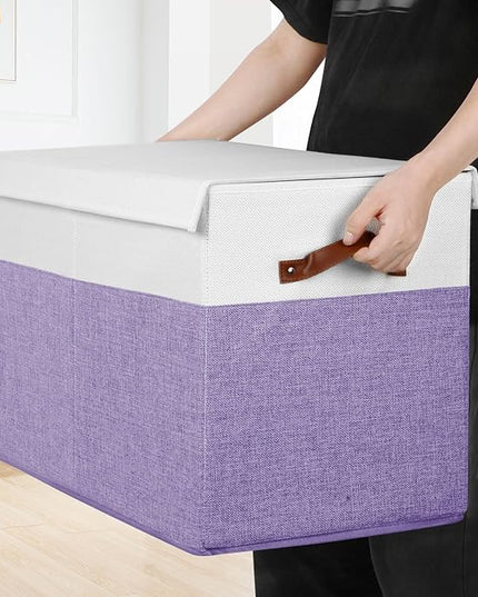 Large Toy Storage Box with Lid, Sturdy Toys Storage Chest Bin Organizer Basket with Dividers for Kids, Boys, Girls, Nursery, Closet, Bedroom, Playroom 25"x13" x16" (Purple and White) - LeafyLoom