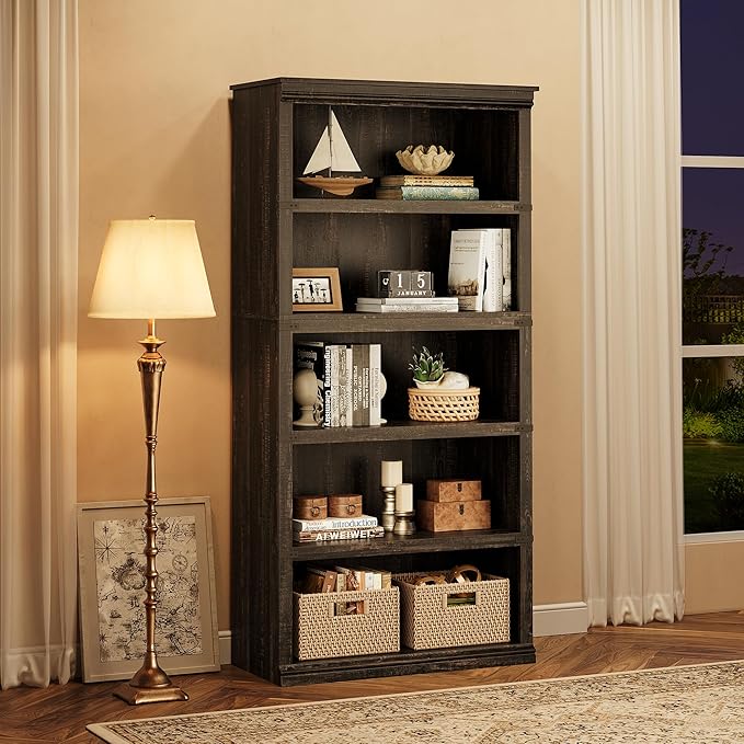 GAOMON 5 Tier Bookcase, Farmhouse Book shelf with Storage Open Display Bookshelves, 67.4" Tall Book Case Wooden 5 Shelf Bookcase Home Decor Furniture for Home Office, Living Room, Bed Room - Oak - LeafyLoom