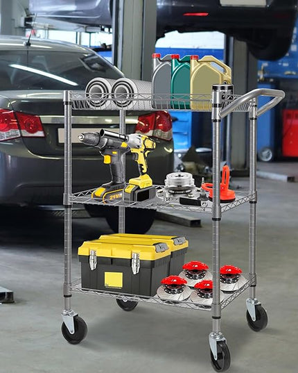 3 Tier Heavy Duty Rolling Utility Cart,18" D x 23.8" W x 36.6" H Rolling Carts with Wheels,Commercial Grade Metal Cart with Handle Bar & Shelf Liner,Trolley Serving Storage Cart for Kitchen Silver - LeafyLoom