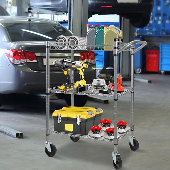 3 Tier Heavy Duty Rolling Utility Cart,18" D x 23.8" W x 36.6" H Rolling Carts with Wheels,Commercial Grade Metal Cart with Handle Bar & Shelf Liner,Trolley Serving Storage Cart for Kitchen Silver - LeafyLoom