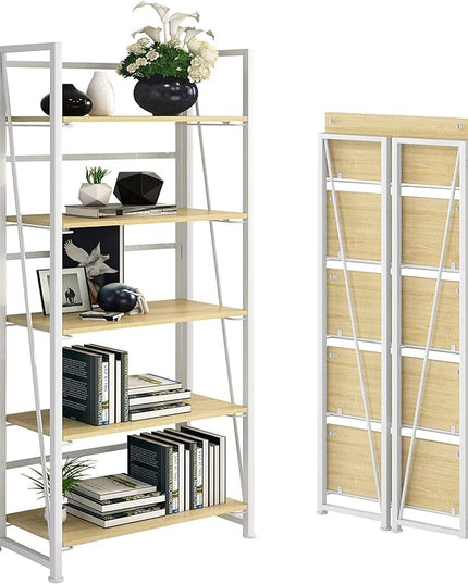 No-Assembly Folding Bookshelf Storage Shelves 5 Tiers Vintage Multifunctional Plant Flower Stand Storage Rack Shelves Bookcase for Home Office(White) - LeafyLoom