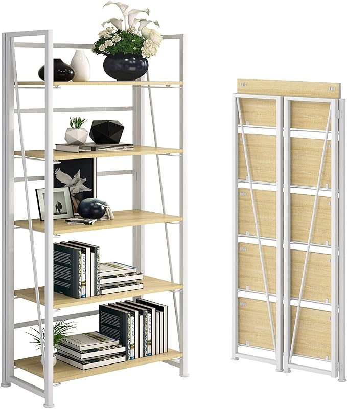 No-Assembly Folding Bookshelf Storage Shelves 5 Tiers Vintage Multifunctional Plant Flower Stand Storage Rack Shelves Bookcase for Home Office(White) - LeafyLoom
