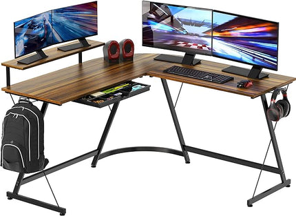 SHW Vista L-Shape Desk with Monitor Stand, Walnut - LeafyLoom