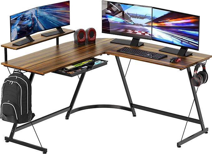 SHW Vista L-Shape Desk with Monitor Stand, Walnut - LeafyLoom