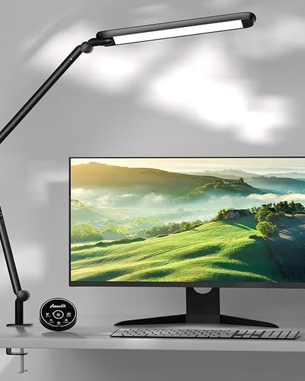 LED Desk Lamp with Clamp, 12W Eye-Caring Swing Arm Table Lamp, Stepless Dimming and Adjustable Color Temperature,Modern Architect Lamp with Memory and Timing Function for Study, Work, Home, Office - LeafyLoom