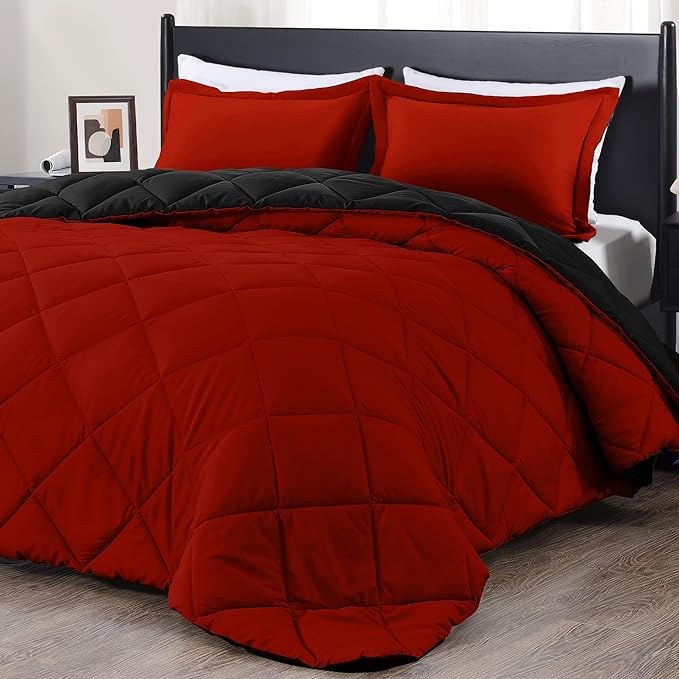 downluxe King Size Comforter Set - Red and Black King Comforter, Soft Bedding Sets for All Seasons - 3 Pieces - 1 Comforter (104"x92") and 2 Pillow Shams(20"x36") - LeafyLoom