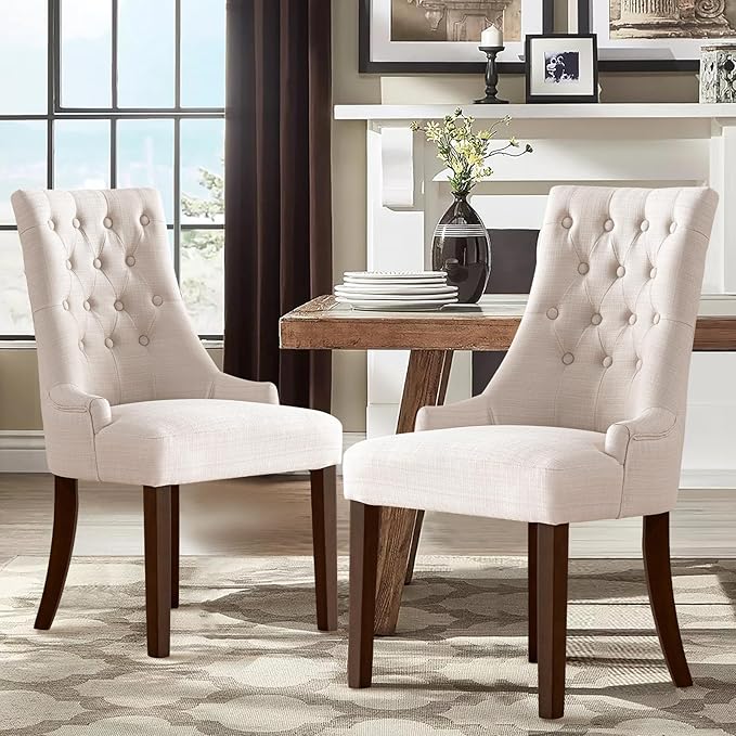 COLAMY Wingback Upholstered Dining Chairs Set of 2, Fabric Side Dining Room Chairs with Tufted Button, Living Room Chairs for Home Kitchen- Beige - LeafyLoom