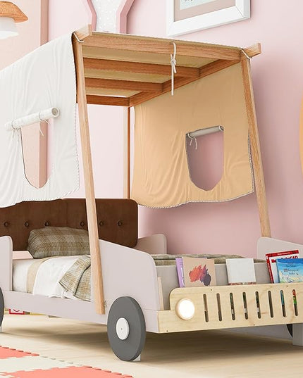 Twin Size Car Pillow, Ceiling Cloth and LED, Wood Kids Platform Bed for Boys Girls Teens Bedroom, Natural Color - LeafyLoom