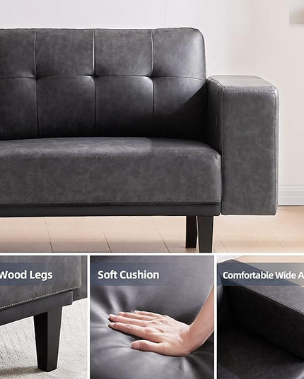 79” Leather Sofa Couches for Living Room, Oversized Loveseat Sofa, 3 Seat Mid Century Modern Couch, Faux Leather Couch Sofa, Love Seat with Solid Wood Leg, Bedroom Couch, Grey - LeafyLoom