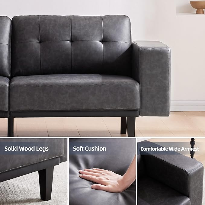 79” Leather Sofa Couches for Living Room, Oversized Loveseat Sofa, 3 Seat Mid Century Modern Couch, Faux Leather Couch Sofa, Love Seat with Solid Wood Leg, Bedroom Couch, Grey - LeafyLoom