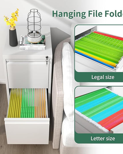 2 Drawer File Cabinet with Lock, Metal Vertical Filing Cabinets for Home Office, Steel Storage Cabinet for Hanging Legal/Letter Size Files, Assembly Required (White) - LeafyLoom