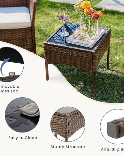 DUMOS Set 3 Pieces Outdoor Furniture with Soft Cushion and Glass Table, All Weather Manual Weaving Wicker Rattan Patio Chairs for Garden, Terrace, Porch, Lawns, Brown - LeafyLoom