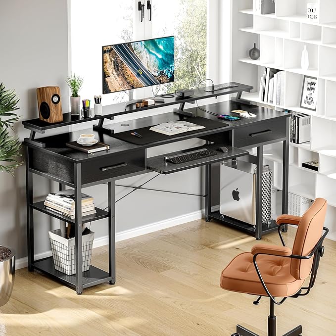 ODK Computer Desk with Drawers & Power Outlet, 63 Inch Office Desk with Keyboard Tray & Storage Shelves & PC Stand, Large Office Table Work Desk with Monitor Stand, Black - LeafyLoom