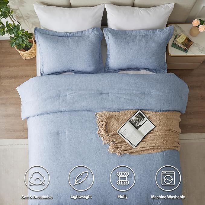 CozyLux King Size Comforter Set - 3 Pieces Blue Soft Luxury Cationic Dyeing Bedding Comforter for All Season, Breathable Lightweight Fluffy Bed Set with 1 Comforter and 2 Pillow Shams - LeafyLoom