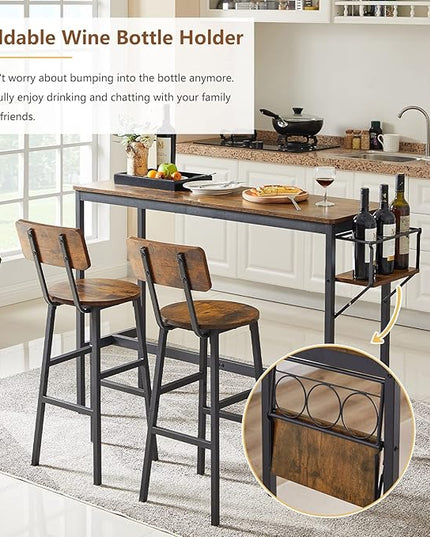 Bar Table and 2 Chairs Set, Industrial Style 3 Pieces Pub Dining Table Set with Collapsible Bottle Holder, 2 Bar Stools with Backrest for Kitchen, Apartment, Small Space - LeafyLoom