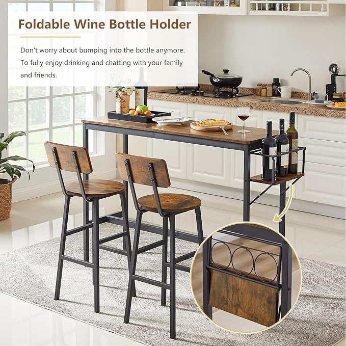 Bar Table and 2 Chairs Set, Industrial Style 3 Pieces Pub Dining Table Set with Collapsible Bottle Holder, 2 Bar Stools with Backrest for Kitchen, Apartment, Small Space - LeafyLoom