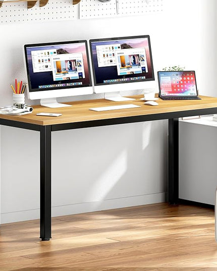 DlandHome 63 inches X-Large Computer Desk, Composite Wood Board, Decent and Steady Home Office Desk/Workstation/Table, BS1-160TB Teak and Black Legs, 1 Pack - LeafyLoom