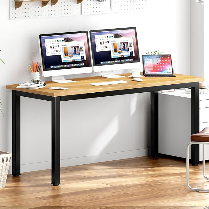 DlandHome 63 inches X-Large Computer Desk, Composite Wood Board, Decent and Steady Home Office Desk/Workstation/Table, BS1-160TB Teak and Black Legs, 1 Pack - LeafyLoom