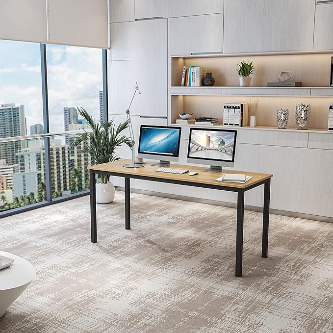 SogesGame Teak Home Office Desk, 55 inch Modern Simple Computer Desk，Writing Study Corner Desk Laptop Table, Easy to Assemble - LeafyLoom
