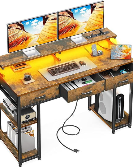 AODK 48 inch Computer Desk with 3 Drawers, Gaming Desk with LED Lights & Power Outlets, Home Office Desk with Storage Shelves & Monitor Stand, Modern Work Study Writing Table for Small Spaces, Vintage - LeafyLoom