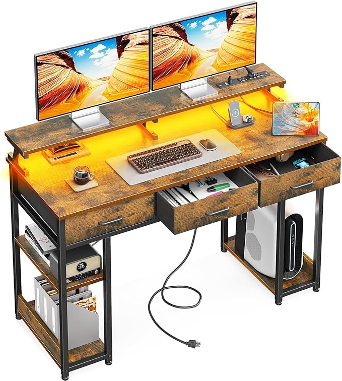 AODK 48 inch Computer Desk with 3 Drawers, Gaming Desk with LED Lights & Power Outlets, Home Office Desk with Storage Shelves & Monitor Stand, Modern Work Study Writing Table for Small Spaces, Vintage - LeafyLoom