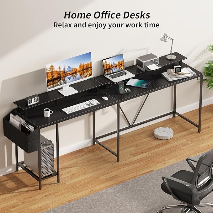 L Shaped Gaming Desk with Power Outlets & LED Lights, Computer Desk with Monitor Stand & Storage Shelf, Home Office Desk Corner Desk with Hooks, Easy to Assemble, Black - LeafyLoom