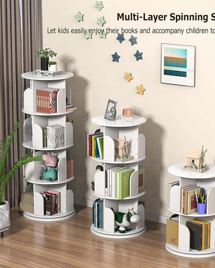 Rotating Bookshelf, Small Bookshelf for Small Space, 360 Display 4 Tier Floor Standing Bookcase Storage Rack, Wood Narrow Book Shelf Organizer for Bedroom, Living Room (White) - LeafyLoom