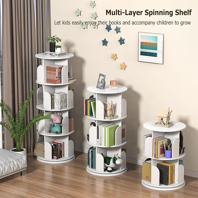 Rotating Bookshelf, Small Bookshelf for Small Space, 360 Display 4 Tier Floor Standing Bookcase Storage Rack, Wood Narrow Book Shelf Organizer for Bedroom, Living Room (White) - LeafyLoom