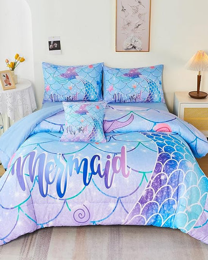 URBONUR 6Pcs Twin Comforter Set for Girls Pastel Purple Blue Mermaid Printed Bedding Set for Girls Bedroom, Soft All Season Bed in a Bag Comforter with Sheet Set, Twin Size - LeafyLoom