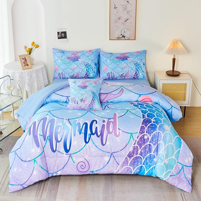 URBONUR 6Pcs Twin Comforter Set for Girls Pastel Purple Blue Mermaid Printed Bedding Set for Girls Bedroom, Soft All Season Bed in a Bag Comforter with Sheet Set, Twin Size - LeafyLoom