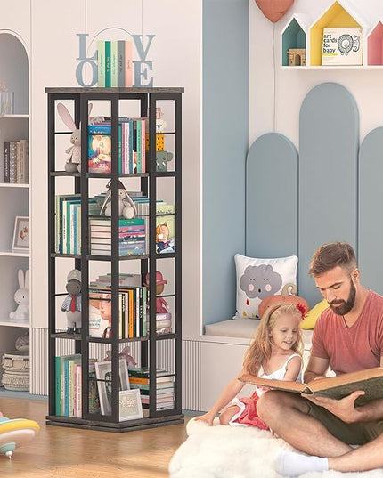 Aheaplus Rotating Bookshelf, Corner Bookshelf, 360 Display Wood Spinning Bookshelf, Floor Standing Bookcase Narrow Shelf Revolving Organizer Storage Rack for Small Space, Bedroom, Study Room, Grey Oak - LeafyLoom