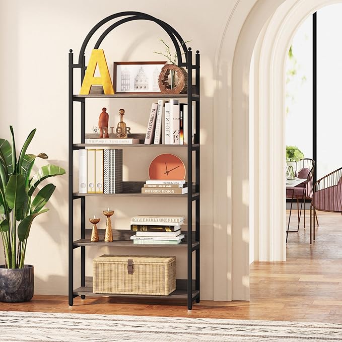 Tribesigns 5-Shelf Arched Bookcase, 72 inch Tall Rustic Wood Shelf with Black Metal Frame, Industrial Freestanding Open Bookshelf for Bedroom, Living Room,Small Spaces (Oak+Black, 1PC) - LeafyLoom
