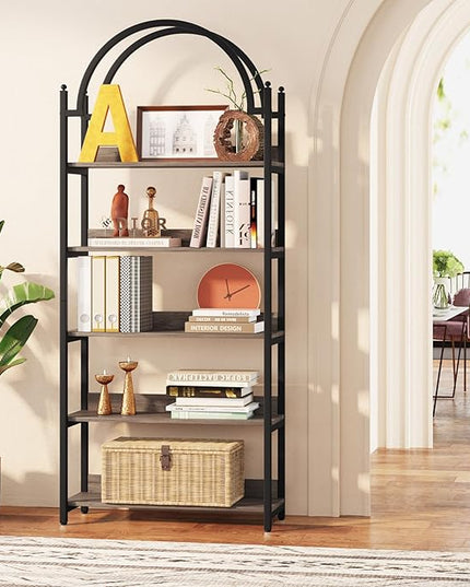 Tribesigns 5-shelf Arched Bookcase, 72 inch Tall Rustic Wood Shelf with Black Metal Frame, Industrial Freestanding Open Bookshelf for Bedroom, Living Room,Small Spaces (2, Oak+Black) - LeafyLoom