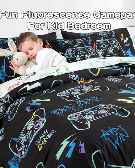 Meeting Story Gamer Gaming Bedding Sets Fluorescence Gamepad Comforter Set for Boys Games Console Action Buttons Novelty Colorful Modern Room Decor Home Quilt Set (Black, Twin6pcs) - LeafyLoom