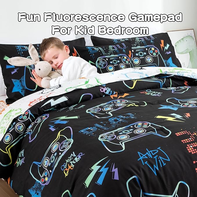 Meeting Story Gamer Gaming Bedding Sets Fluorescence Gamepad Comforter Set for Boys Games Console Action Buttons Novelty Colorful Modern Room Decor Home Quilt Set (Black, Twin6pcs) - LeafyLoom