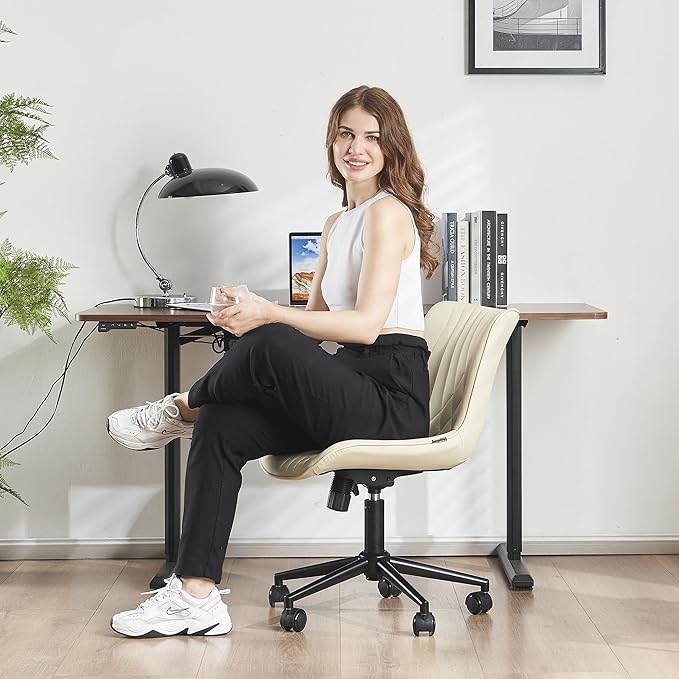 YOUTASTE Office Chair Armless Desk Chair Small Computer Swivel Rolling Chair with Wheels, Modern Upholstered PU Leather Computer Sewing Chair, Adjustable Home Office Desk Chairs, Beige - LeafyLoom