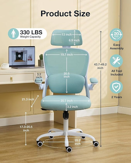 Ergonomic Office Chair with Tilt-Lock, Home Office Desk Chair with Auto Lumbar Support, High Back Mesh Desk Chair with Adjustable Headrest, Swivel Task Chair or Study Room Bedroom,Lake Blue - LeafyLoom