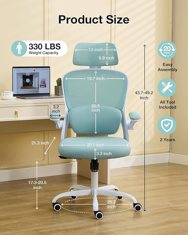 Ergonomic Office Chair with Tilt-Lock, Home Office Desk Chair with Auto Lumbar Support, High Back Mesh Desk Chair with Adjustable Headrest, Swivel Task Chair or Study Room Bedroom,Lake Blue - LeafyLoom