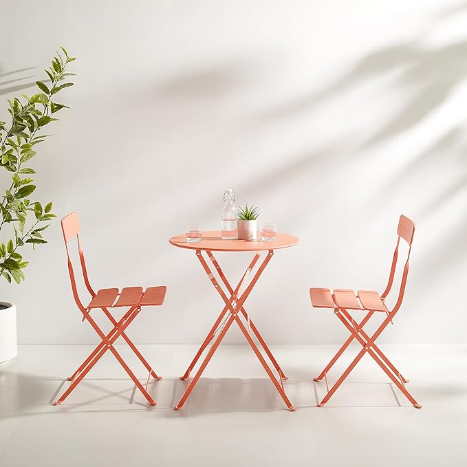 Crosley Furniture CF7390-CO Karlee Retro Metal Indoor/Outdoor 3-Piece Bistro Set with Table and 2 Chairs, Coral - LeafyLoom