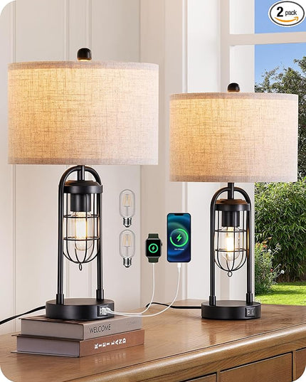 EDISHINE Farmhouse Table Lamp with Night Light, 22.84" Bedside Lamps Set of 2 with A+C USB Ports, 3 Way Dimmable Nightstand Lamp for Living Room, Bedroom, Home (Night Light Bulbs Included) - LeafyLoom