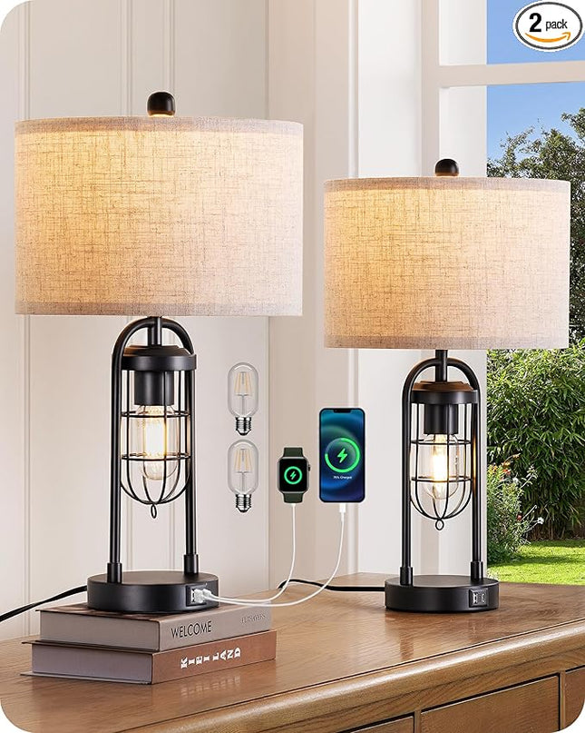 EDISHINE Farmhouse Table Lamp with Night Light, 22.84" Bedside Lamps Set of 2 with A+C USB Ports, 3 Way Dimmable Nightstand Lamp for Living Room, Bedroom, Home (Night Light Bulbs Included) - LeafyLoom