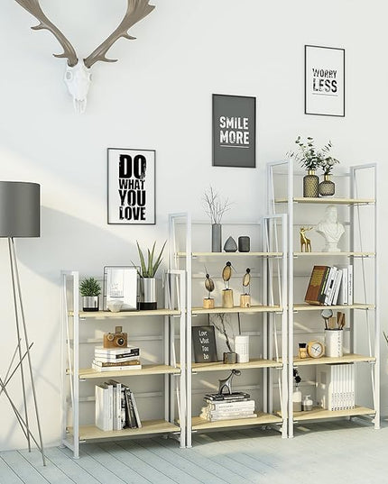 4NM No-Assembly Folding Bookshelf Storage Shelves 4 Tiers Vintage Bookcase Standing Racks Study Organizer Home Office (Natural and White) - LeafyLoom