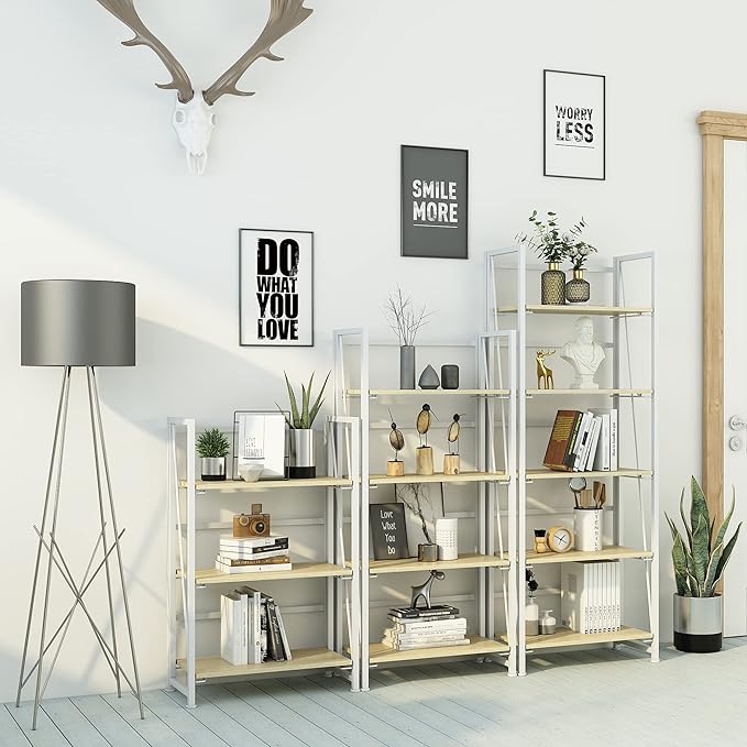 4NM No-Assembly Folding Bookshelf Storage Shelves 4 Tiers Vintage Bookcase Standing Racks Study Organizer Home Office (Natural and White) - LeafyLoom