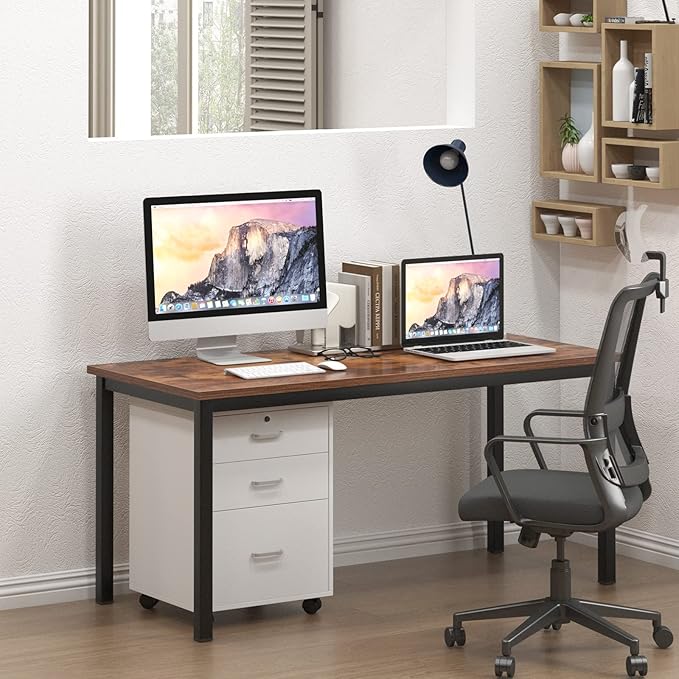 sogesfurniture 55.1 inches Office Desk Computer Desk Gaming Desk Computer Table Sturdy Writing Workstation for Home Office, Brown - LeafyLoom