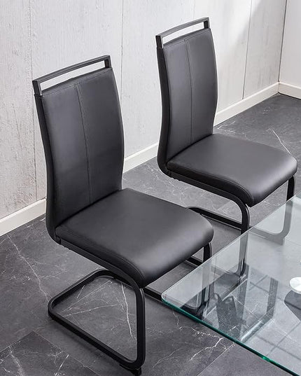 PU Faux Leather Dining Chairs Set of 2, Modern Dining Room Chair Kitchen Chairs with Upholstered Seat, Black Metal Legs and High Back, Sillas para Comedor, Black+PU - LeafyLoom