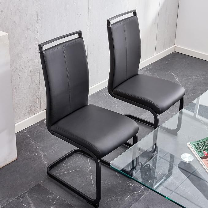 PU Faux Leather Dining Chairs Set of 2, Modern Dining Room Chair Kitchen Chairs with Upholstered Seat, Black Metal Legs and High Back, Sillas para Comedor, Black+PU - LeafyLoom
